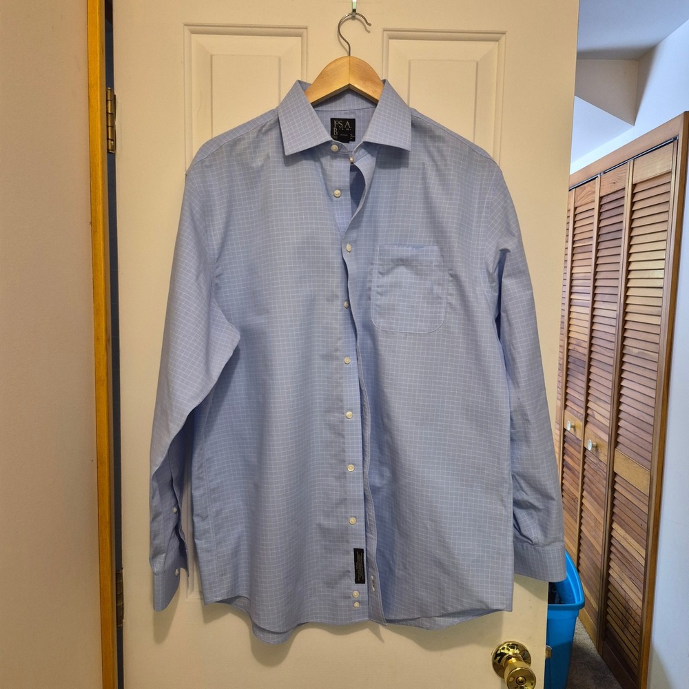 Jos A Bank Travelers Collection Light Blue Windowpane Dress Shirt 16.5 35 Mens